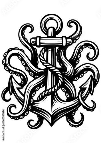 Black and white vector illustration of a marine anchor entwined with kraken tentacles, perfect for engraving, tattoos, and creative designs