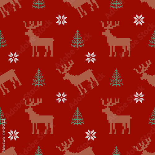 Christmas and New Year seamless pattern. snowflakes  reindeer and Christmas tree on  pixel pattern for winter hat,jumper,sweater, wrapping,fabric,border,rim,carpets, blankets, towels.