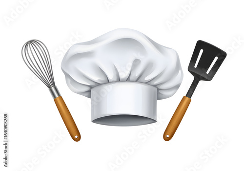Fototapeta Naklejka Na Ścianę i Meble -  Professional chef's hat with whisk and spatula ready for culinary creation and cooking success