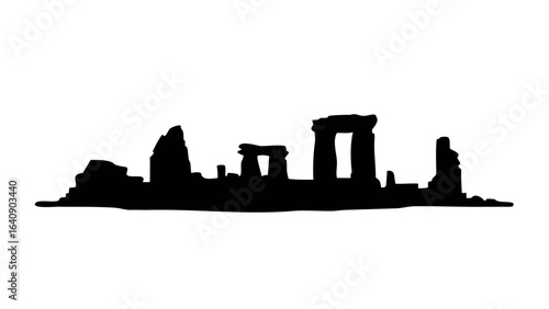 Silhouette of stonehenge landmark showing ancient ruins and standing stones against a white background view