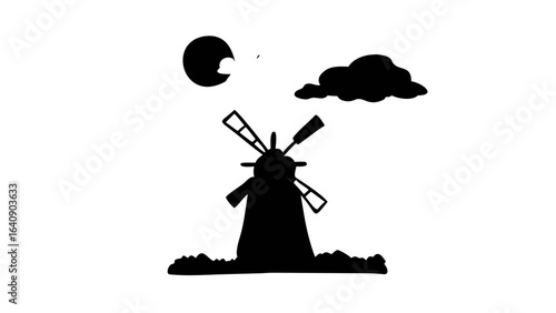 Silhouette of a windmill with rotating blades under a sun and a cloud in a monochrome landscape view