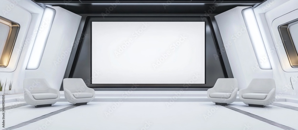 Fototapeta premium Sleek futuristic interior with a large blank screen and comfortable seating, perfect for presentations and modern design concepts