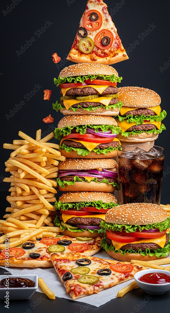 Naklejka premium Stacked burgers, french fries, and pizza slices create a high-calorie, appetizing food arrangement, showcasing fast food abundance and indulgence