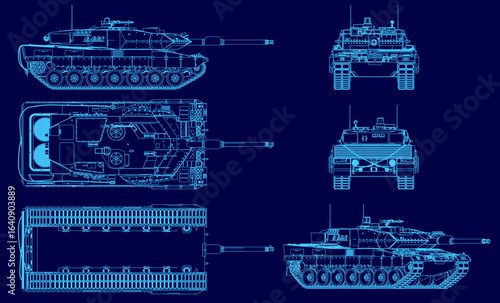 Blueprint of an Battle Tank with detailed contour lines on a blue background. The technical drawing highlights the turret, tracks, and armored hull components.