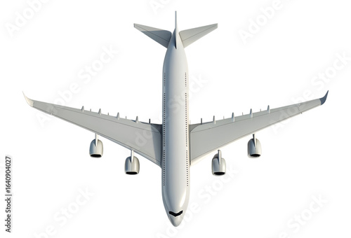 A large white passenger airplane is seen from a top view, isolated on a transparent background, a clear png image.