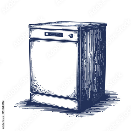 Dishwasher illustration in detailed etching style, showcasing modern appliance design. Dishwasher design includes clean lines and a functional aesthetic, ideal for contemporary kitchens.