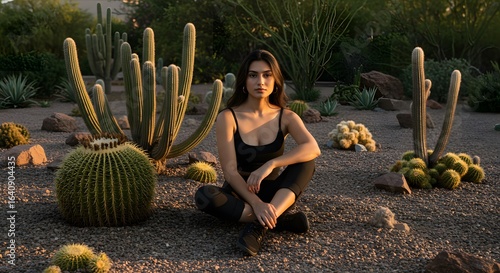 A serene woman sits cross-legged on the ground in a desert botanical garden, surrounded by various cacti at sunset.