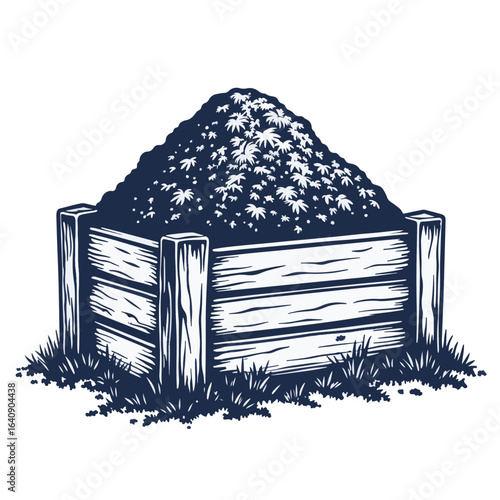 Wood compost bin overflowing with organic matter, surrounded by grass. Composting bin features a wooden structure filled with decomposed leaves and yard waste.
