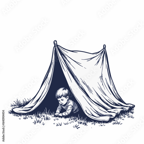 Child hiding under blanket fort depicted in sketched style, boy is seeking refuge from imaginary monsters.