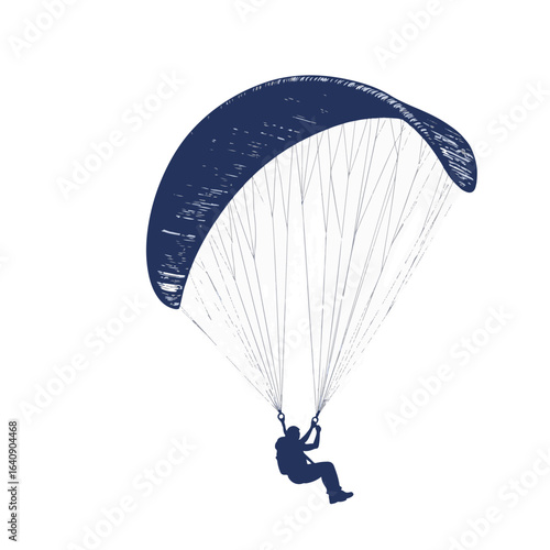 Silhouette of paraglider soaring on wind, person enjoys flying on white backdrop. Paraglider in silhouette shows exciting experience of wind gliding, adventure, and adrenaline rush.