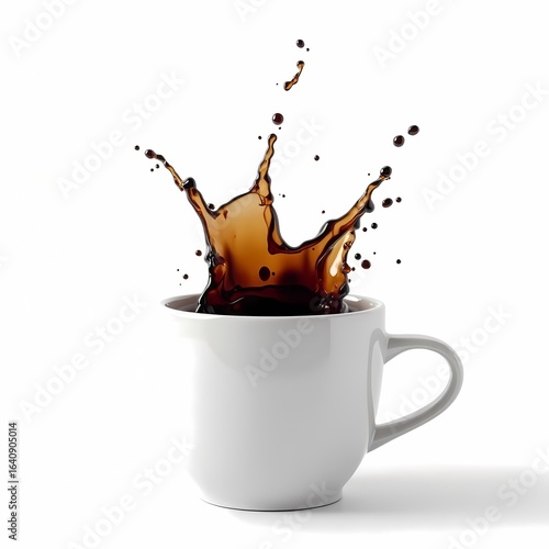Dynamic splash of dark coffee erupting from a classic white mug, isolated on a clean white background.