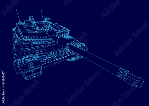 A detailed blueprint of a military tank with clearly outlined tracks, turret, and main gun. The white contour lines contrast sharply against the deep blue background.