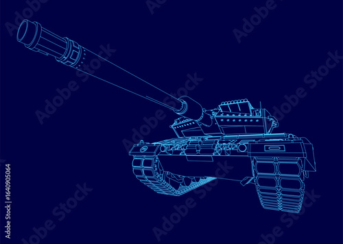 Detailed blueprint of a military tank with precise contour lines, displayed on a dark blue background. The technical drawing highlights mechanical components and structural design.
