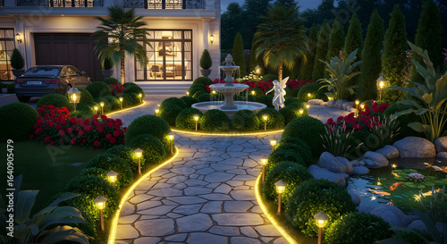 Night illuminated garden featuring stone path, water fountain, lush greenery and warm lighting