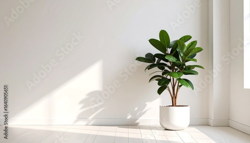 Potted Rubber Plant in Minimalist Room Clean white space with sunlight shadows.