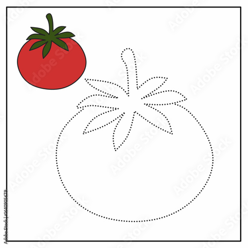 tomato tracing, vegetable tracing worksheet, preschool food activity, healthy food drawing, dotted tomato outline, kids vegetable art, fine motor skills, preschool tracing page, tomato coloring sheet,