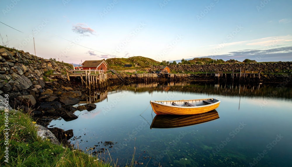 Fototapeta premium tiny vessel gently resting by the tranquil harbor reflection