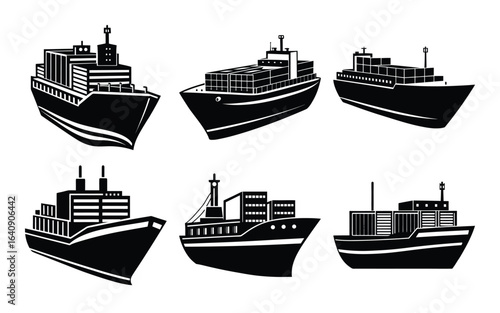 Six Black and White Container Ship Illustrations