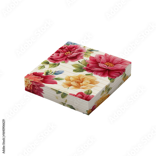 Neatly stacked paper napkins with colorful floral print, perfect for table setting, parties, and decorative dining occasions.
