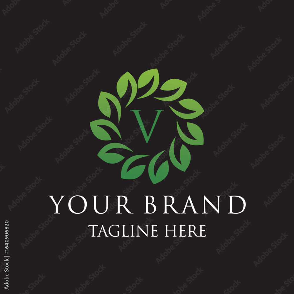Obraz premium Initial letter V green leaves organic natural logo design, cosmetics and beauty vector icon concept