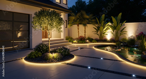 Modern House Exterior with Illuminated Garden at Night