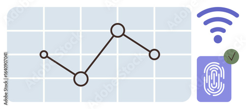 Line graph on a grid showcasing data analytics, fingerprint authentication icon, and wireless signal for technology concepts. Ideal for technology, data security, biometrics, IoT, innovation
