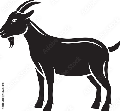 A striking silhouette of a black goat standing proudly with its horns and beard clearly defined against a white background