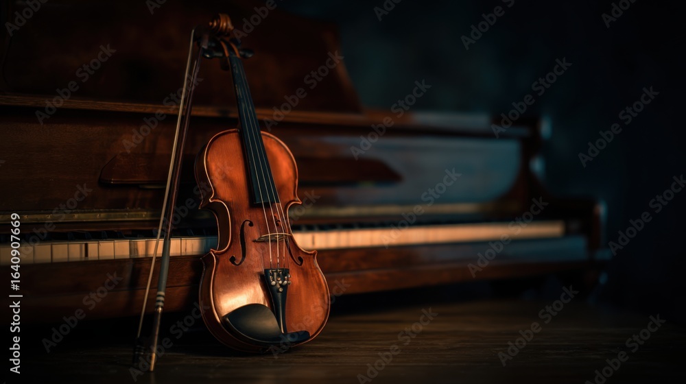 Fototapeta premium Elegant arrangement of classical instruments, violin and piano keys glowing with timeless musical charm.