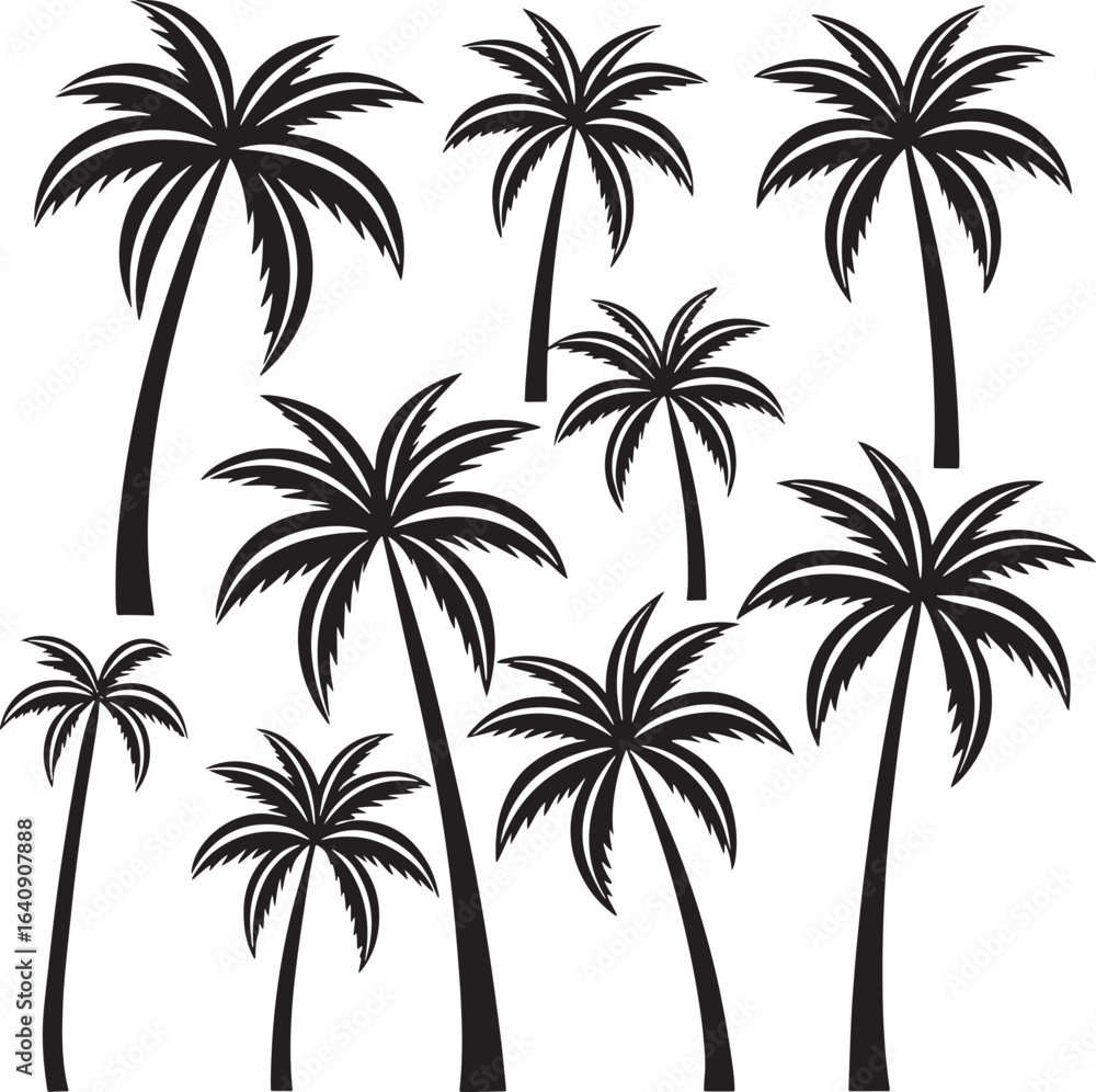 Fototapeta premium Scattered palm tree silhouettes on white background