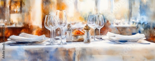 watercolor painting depicting a fine dining table set in an upscale restaurant. The scene captures an elegant and sophisticated ambiance, with intricate details of the table setting, Generative AI