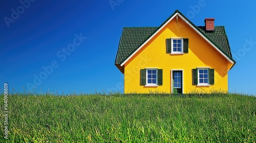Wallpaper Mural Small yellow house with a green roof on a grassy hill under bright blue sky Torontodigital.ca