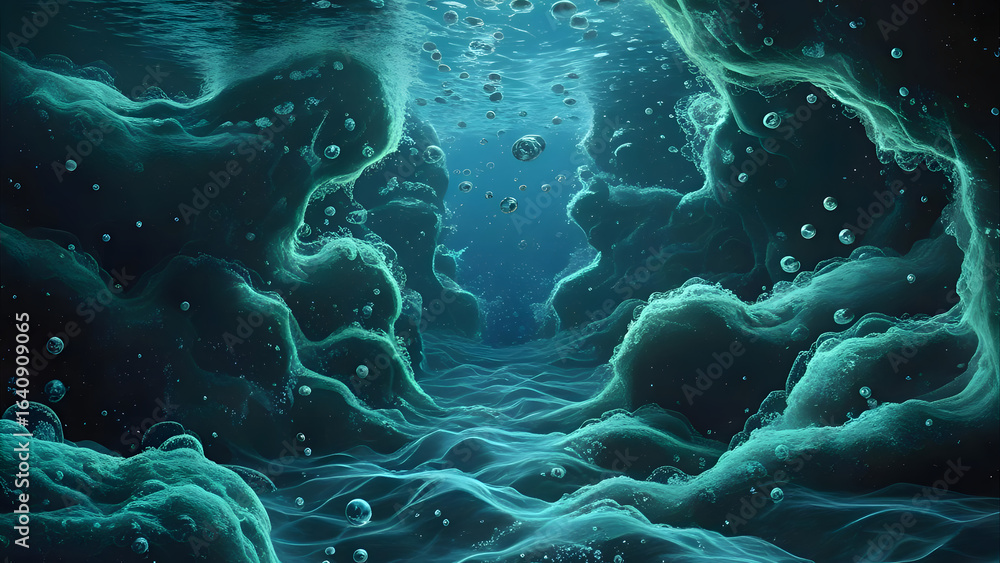 Obraz premium Submerged, ethereal underwater cavern with swirling teal formations and bubbles.