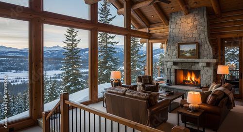 Cozy Log Cabin Living Room with Stone Fireplace and Snowy Mountain View