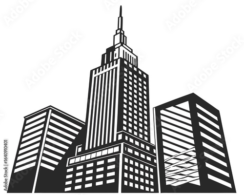 A striking black and white illustration of a grand art deco style skyscraper dominating a city skyline with two flanking modern buildings