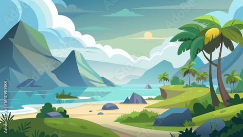 foggy nature landscape illustration with beach