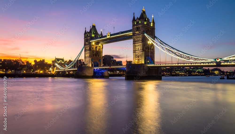 Obraz premium Tower Bridge at dawn, illuminated with city lights reflected in the river.