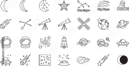 Line art icons of celestial bodies space travel and astronomical objects for science and education
