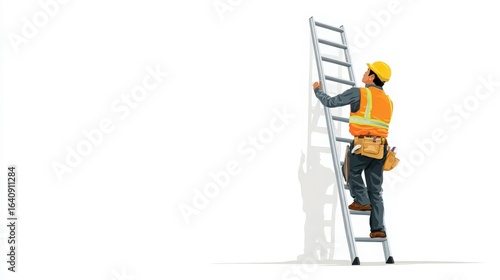 adder positioning safety guide, worker placing ladder correctly, white background