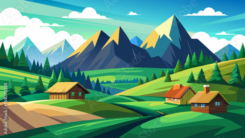 mountain green field landscape with wooden houses