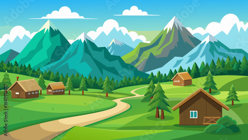 mountain green field landscape with wooden houses