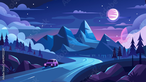 night mountains landscape with a car driving