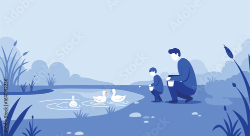 Father and son at a pond feeding ducks, reeds surround, rolling hills. Flat vector