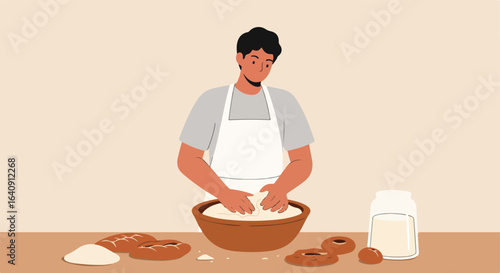 Person kneading dough. Breads, a bowl, milk and flour are on the table, light beige tone