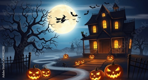 Halloween Night with Haunted House, Witch Flying on Broom, Pumpkins