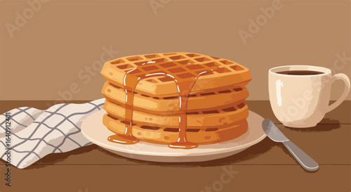 Waffles with syrup alongside a cup of coffee and a knife on a wooden table