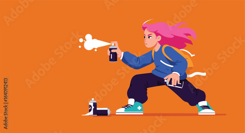 Pink-haired person with spray paint on orange backdrop. Artful and full of motion