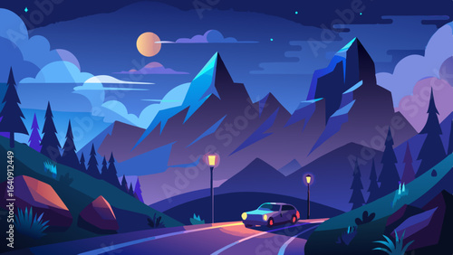 night mountains landscape with a car driving