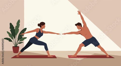 Triangle pose with plant. Two people stretch in triangle pose on yoga mats indoors