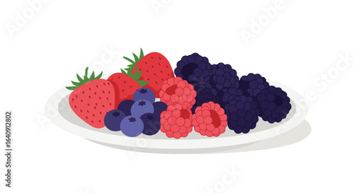 Plate of berries, including strawberries, blueberries, raspberries, and blackberries