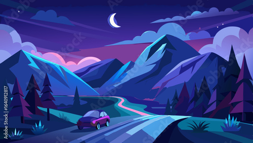 night mountains landscape with a car driving